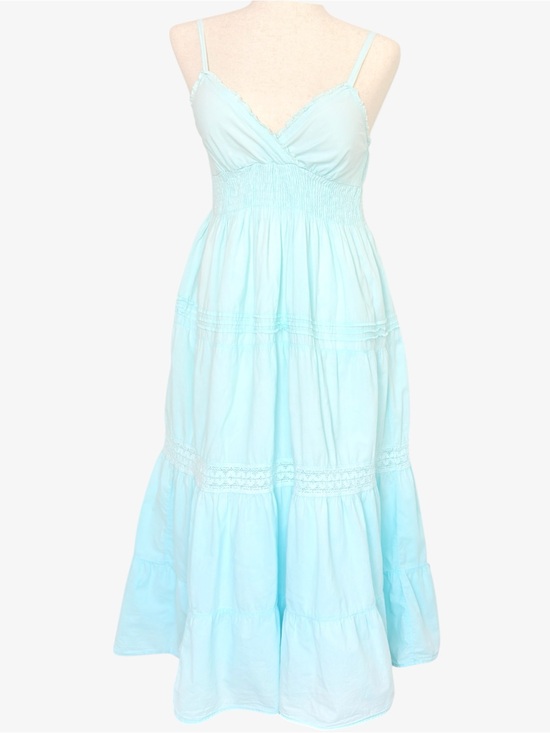 Vintage Dresses & Skirts - 90s Maxi Babydoll Tiered Dress M Lace Trim Costal Cowgirl  Prairie Icy  Blue